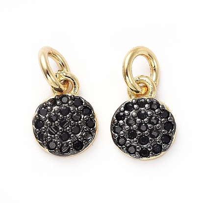 Brass Micro Pave Black Cubic Zirconia Charms, with Jump Rings, Flat Round