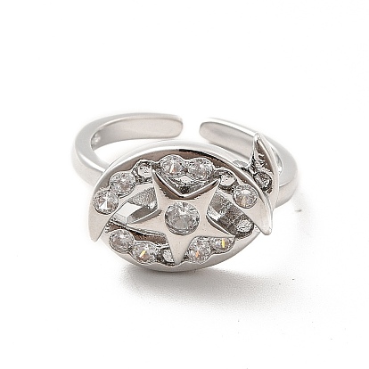 Clear Cubic Zirconia Moon & Star Open Cuff Ring, Brass Jewelry for Women