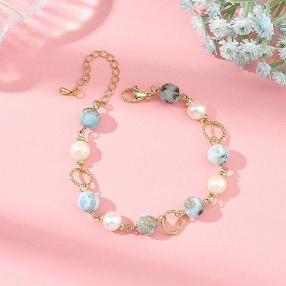 Natural Larimar & Cultured Freshwater Pearl Brass Link Bracelets for Women