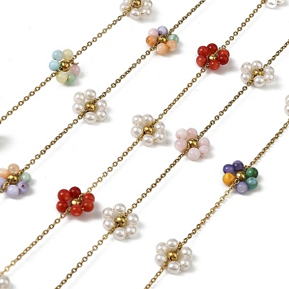 Ручная работа 304 цепочки из нержавеющей стали с бусинами, пайки, с окрашенными бусинами из ракушек и жемчужинами из АБС-пластика и катушкой, ионное покрытие (ip), реальный 18 k позолоченный
