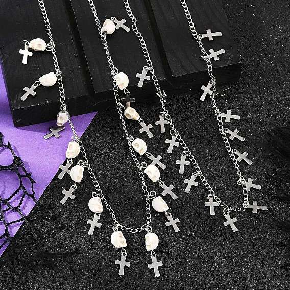 Halloween 304 Stainless Steel Curb Chain Dyed Synthetic Turquoise Skull Cross Tassel Necklaces Sets, Floral White