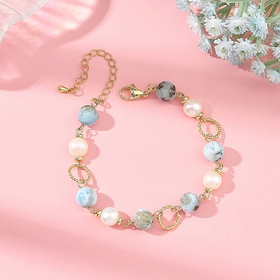 Natural Larimar & Cultured Freshwater Pearl Brass Link Bracelets for Women