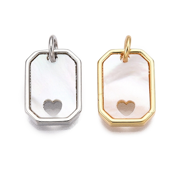 Подвески из латуни и ракушек, прямоугольник и сердце