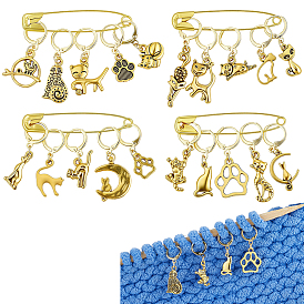 4 pièces 4 styles marqueurs de points de verrouillage en alliage pour pendentif, avec des épingles de sûreté en fer, forme de chat et empreinte de patte