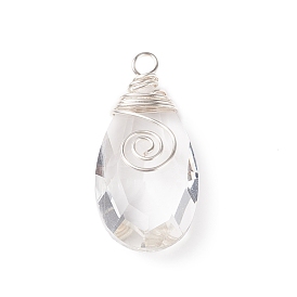 Wire Wrapped Transparent Glass Pendants, Faceted, Teardrop, Silver
