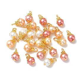 50Pcs 5 Colors Baking Paint Iron & Pearlized Glass Pearl Pendants, Round Charms, Mixed Color