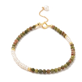 Natural Unakite Bead Bracelets, with Sterling Silver Beads and Pearl Beads, Real 18K Gold Plated