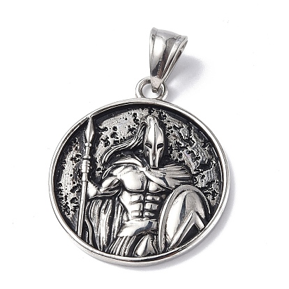 304 Stainless Steel Pendants, Flat Round with Spartan/Warrior Men Charm