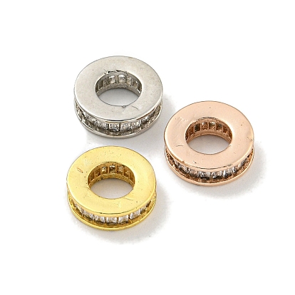 Реечное покрытие латунь микро паве прозрачный кубический цирконий европейские бусины, бусины с большим отверстием, долговечный, без свинца и без кадмия, плоско-круглые