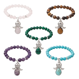 Natural & Synthetic Mixed Gemstone Stretch Bracelets with Angel Charms