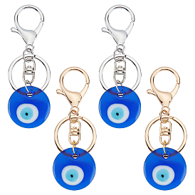 Nbeads 4Pcs 2 Colors Handmade Lampwork Evil Eye Keychain, with Alloy Split Key Rings, Flat Round, Blue