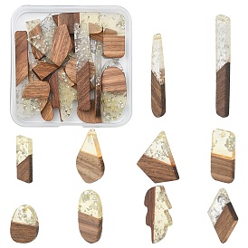 20Pcs 10 Styles Transparent Resin & Walnut Wood Pendants, with Foil, Rectangle & Teardrop & Kite, Mixed Shapes