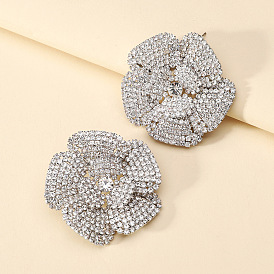Romantic Alloy Rose Petal Flower Diamond Earrings Elegant Exaggerated Luxury Jewelry