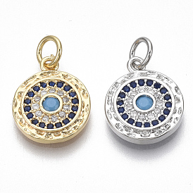 Brass Micro Pave Cubic Zirconia Charms, Flat Round, Nickel Free, Blue