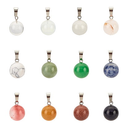Natural & Synthetic Mixed Gemstone Pendants, with Platinum Tone Brass Bails, Round, Mixed Dyed and Undyed