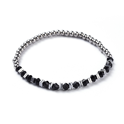 Glass Beads Stretch Bracelets, with Electroplate Non-magnetic Synthetic Hematite Beads and 304 Stainless Steel Beads