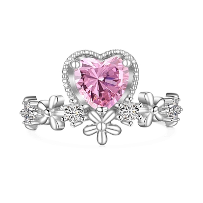 Rhodium Plated 925 Sterling Silver Heart Flower Finger Ring, Cubic Zirconia Ring for Women