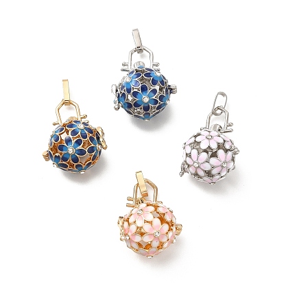 Alloy Crystal Rhinestone Bead Cage Pendants, Hollow Flower Charm, with Enamel, for Chime Ball Pendant Necklaces Making