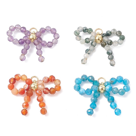 4 шт. 4 стили подвески из натурального красного агата, апатита, аметиста и мохового агата с ограненными круглыми бусинами, подвески-бантики с 304 трубчатыми дужками из нержавеющей стали, золотые