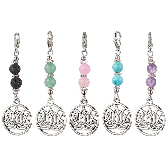 Подвесные украшения из сплава лотоса, Бусины из натурального зеленого авантюрина, аметиста, лавового камня, желтого нефрита, синтетической зеленой бирюзы и застежки-клешни лобстера для украшений сумок