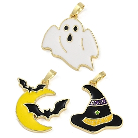 Halloween Rack Plating Brass Enamel Pendants, Long-Lasting Plated, Lead Free & Cadmium Free, Real 18K Gold Plated, Ghost & Moon & Witch Hat