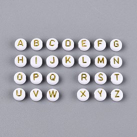 Непрозрачные акриловые бусины, плоские круглые с буквы, металла обвитые, белые