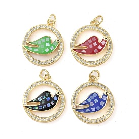 Brass Micro Pave Clear Cubic Zirconia Pendants, with Enamel and Shell & Jump Ring, Real 18K Gold Plated, Flat Round with Bird Charm