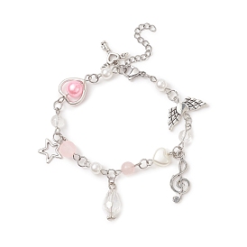 Star & Heart & Music Note Alloy Charm Bracelet, Acrylic & ABS Plastic Imitation Pearl Beaded Bracelet for Women