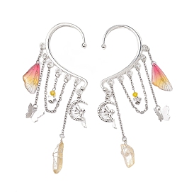 Wing Resin & Natural Quartz Crystal Points Beaded Dangle Earrings, Butterfly & Fairy Brass with Alloy Charm Earrings for Women