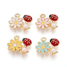 Подвески из эмали и сплава, с ABS имитации жемчуга, без кадмия, без никеля и без свинца, золотой свет, подвеска в виде цветка и божьей коровки, стойки покрытие