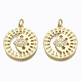 Brass Micro Pave Clear Cubic Zirconia Pendants, with Jump Rings, Nickel Free, Flat Round with Eye