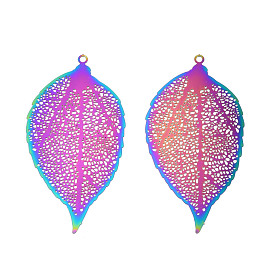 Ion Plating(IP) 201 Stainless Steel Filigree Big Pendants, Etched Metal Embellishments, Leaf