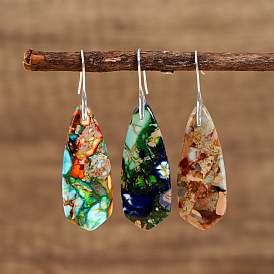 Colorful Natural Imperial Jasper Diamond-shaped Dangle Earrings, Ethnic Style, Platinum