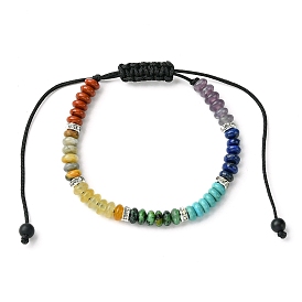 Natural & Synthetic Mixed Gemstone Flat Round Braided Bead Bracelets, Chakra Theme Adjustable Bracelet