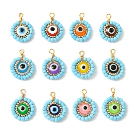 12 Pcs Resin Glass Seed Beaded Pendants, with Golden Brass Findings, Flat Round with Evil Eye