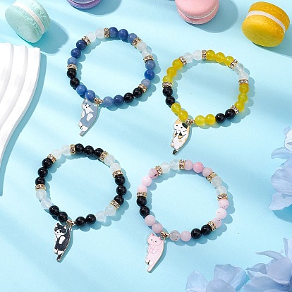 Браслеты из натуральных смешанных драгоценных камней для женщин, с подвесками из эмали и сплава , кошка