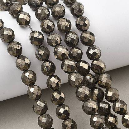 Нити из бусин из натурального золотого пирита/золотого пирита, граненые, круглые