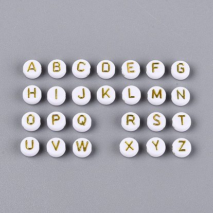 Непрозрачные акриловые бусины, плоские круглые с буквы, металла обвитые, белые