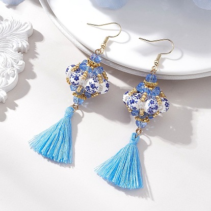 Подвески в виде стеклянного фонарика с семенами, украшенные кисточками ручной работы из полиэстера и хлопка., с 304 нержавеющей стали серьги крючки, китайский стиль