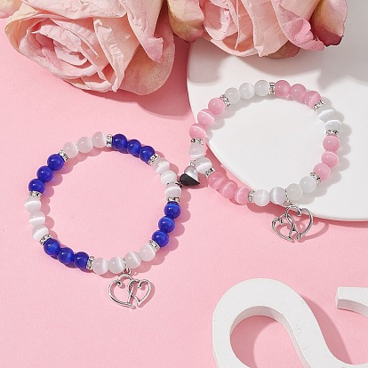 2Pcs 2 Color Valentine's Day Cat Eye Round Beaded Stretch Bracelets Set, Heart Magnetic Alloy Couple Bracelets