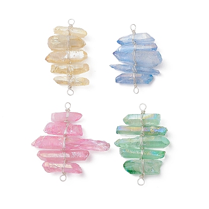 4Pcs 4 Colors Dyed Natural Quartz Crystal Copper Wire Wrapped Connector Charms, Faceted Nuggets Links, Silver Color