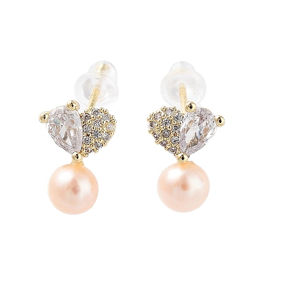 Natural Pearl Dangle Stud Earrings, Brass Micro Pave Cubic Zirconia Heart Earrings with 925 Sterling Silver Pins