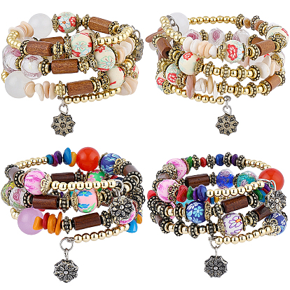 4Pcs 2 Colors Boho Multi-strand Irregular Synthetic Turquoise Beads Wrap Bracelet, Flower Charm Bracelet, Wood & Round Flower Beads Bracelet, Ethnic Jewelry for Women, Antique Golden