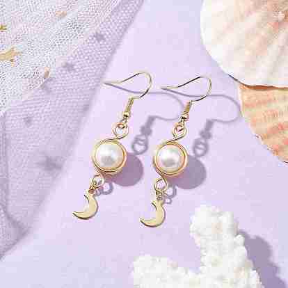3 Pairs Natural Cultured Freshwater Pearl Dangle Earrings, Stainless Steel with Brass Charms