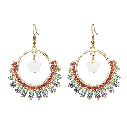 Butterfly & Ring Freshwater Shell & Glass Seed Beads Dangle Earrings, 304 Stainless Steel Jewelry for Women, Golden