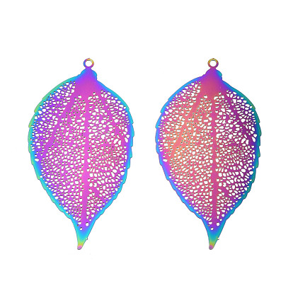 Ion Plating(IP) 201 Stainless Steel Filigree Big Pendants, Etched Metal Embellishments, Leaf