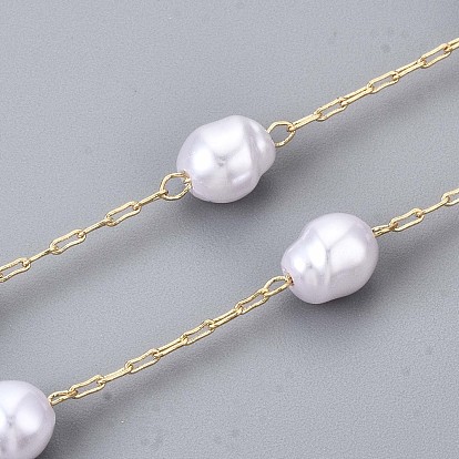 Handmade ABS Plastic Imitation Pearl Beads Chains, for Necklaces Bracelets Making, with Brass Paperclip Chains, Long-Lasting Plated, Soldered, Light Gold