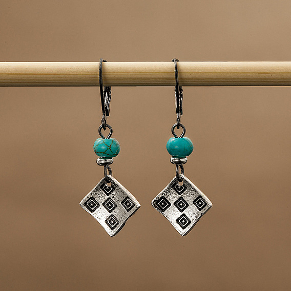 Alloy Rhombus Leverback Earrings for Women, Resin Imitation Turquoise Beads Dangle Earrings