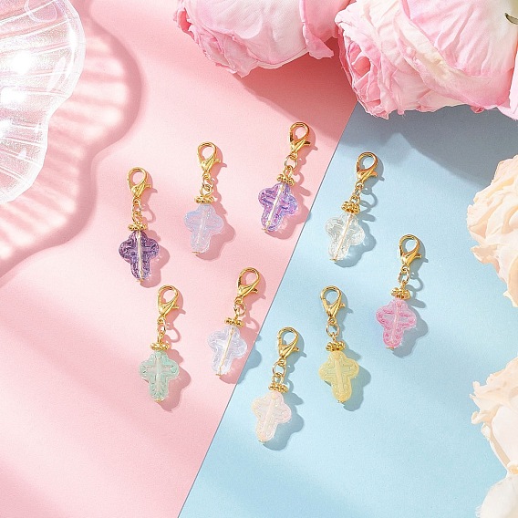 9шт стеклянные подвесные украшения, крестик, Сплав с застежками когтя омара