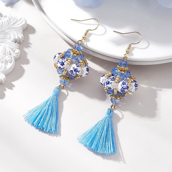 Подвески в виде стеклянного фонарика с семенами, украшенные кисточками ручной работы из полиэстера и хлопка., с 304 нержавеющей стали серьги крючки, китайский стиль